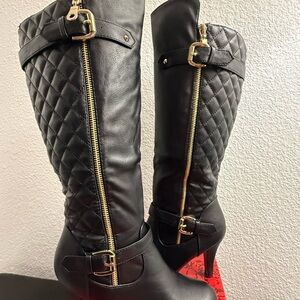 TOP Moda Black Quilted Heeled Boots with Gold Accents